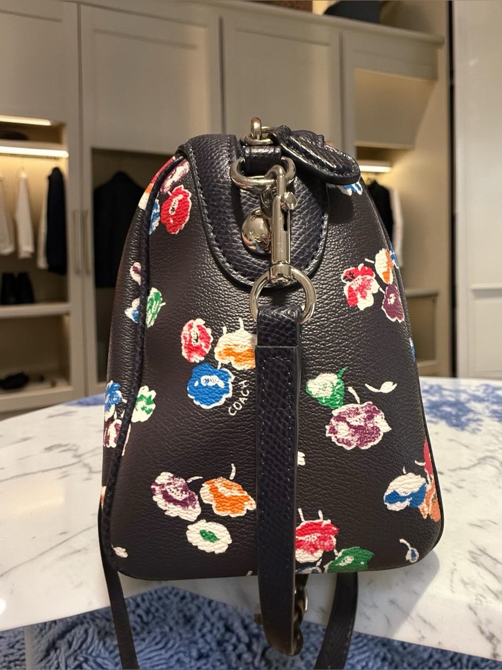 Coach Black Floral Print Leather Satchel with Multicolor Blossoms - Picture 8 of 15